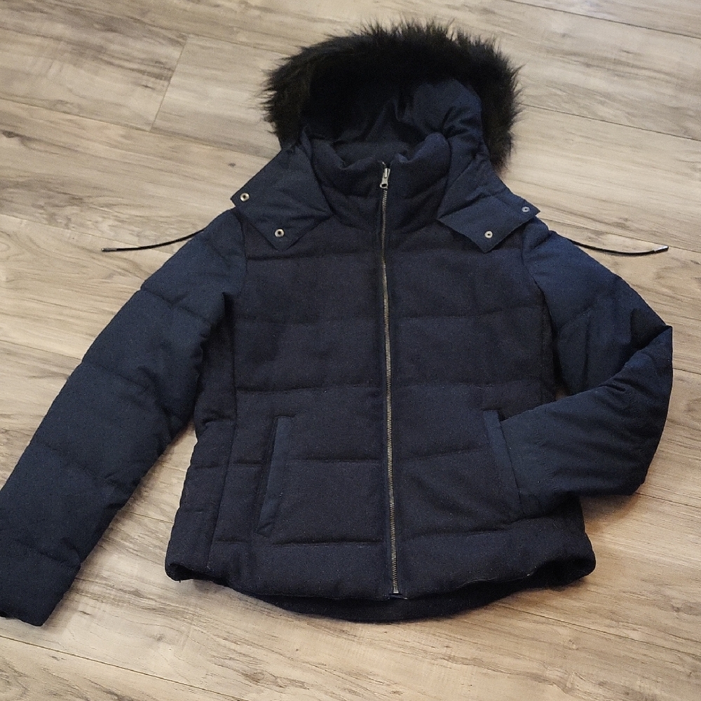 Navy Puffer Jacket with Faux Fur Hood